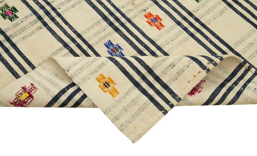 Anatolian Runner Beige Striped Cotton Wool Handmade Area Rug 3'9'' x 11'11''