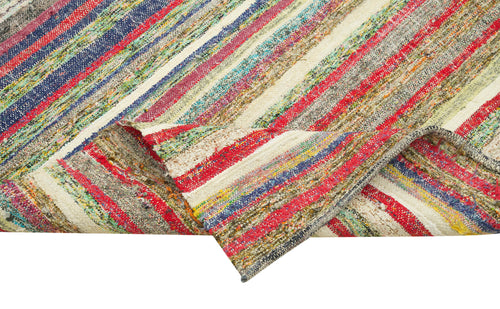 Anatolian Runner White Striped Cotton Wool Handmade Area Rug 3'9'' x 11'5''