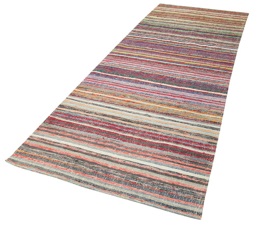 Anatolian Runner White Striped Cotton Wool Handmade Area Rug 3'9'' x 11'5''