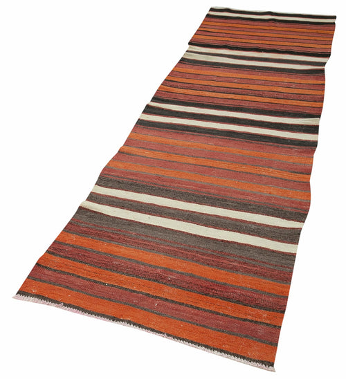 Anatolian Runner White Striped Cotton Wool Handmade Area Rug 2'8'' x 9'4''