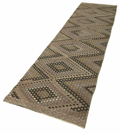 Anatolian Runner Brown Striped Cotton Wool Handmade Area Rug 2'8'' x 11'6''