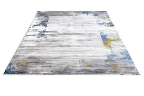 Blue Viscose Area Rug – Machine Made Frame Style Rug with Fringed Edges