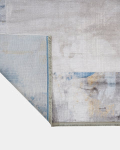 Blue Viscose Area Rug – Machine Made Frame Style Rug with Fringed Edges