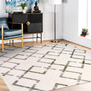 Bamboo Viscose Area Rug - Machine Made Geometric Cream Green Rug, Washable Non Slip