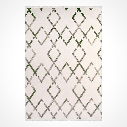 Bamboo Viscose Area Rug - Machine Made Geometric Cream Green Rug, Washable Non Slip