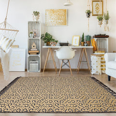 Geometric Area Rug – Machine Made Yellow Grey Rug with Fringed Edge Design
