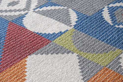 Blue Cotton Area Rug - Digital Print Chenille Carpet With Geometric Pattern