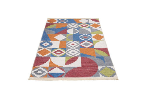 Blue Cotton Area Rug - Digital Print Chenille Carpet With Geometric Pattern