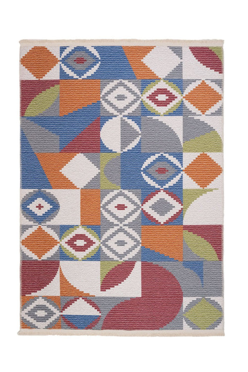 Blue Cotton Area Rug - Digital Print Chenille Carpet With Geometric Pattern