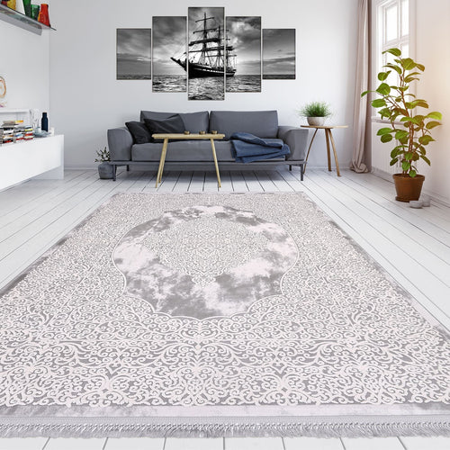 Bamboo Area Rug – Classic Grey Machine Made Rug with Overlocked Edge