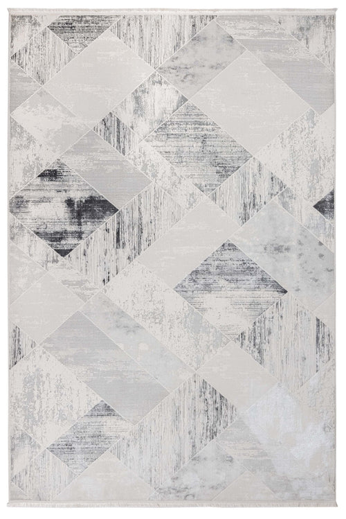 Grey Geometric Area Rug – Microfiber Machine Made Rug With Anti Slip Base