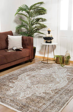 Digital Print Area Rug – Classic Cream Non Slip Washable Carpet for Living Room