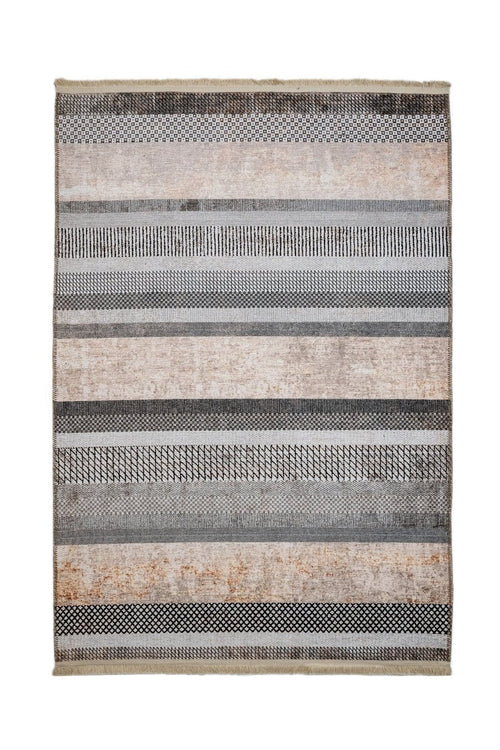 Beige Striped Area Rug – Cotton Chenille Digital Print Carpet for Modern Living Room
