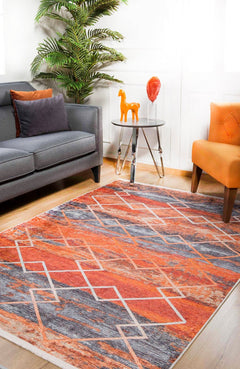 Orange Geometric Area Rug - Digital Print Rug | Non Slip, Antibacterial Floor Mat