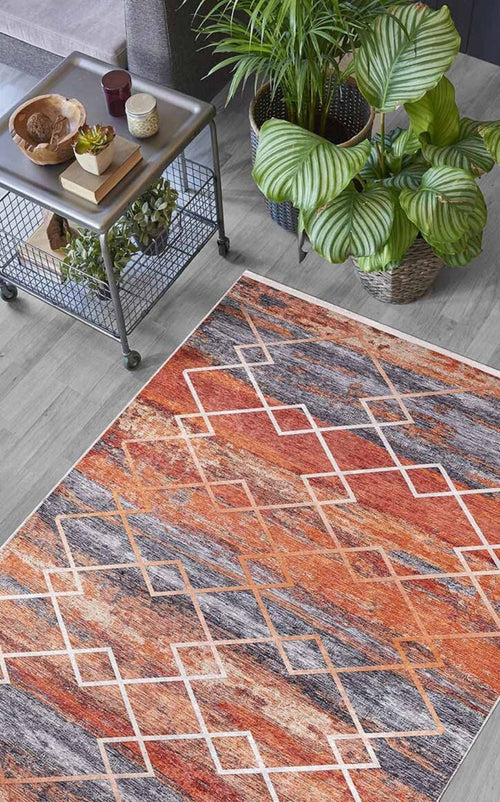 Orange Geometric Area Rug - Digital Print Rug | Non Slip, Antibacterial Floor Mat