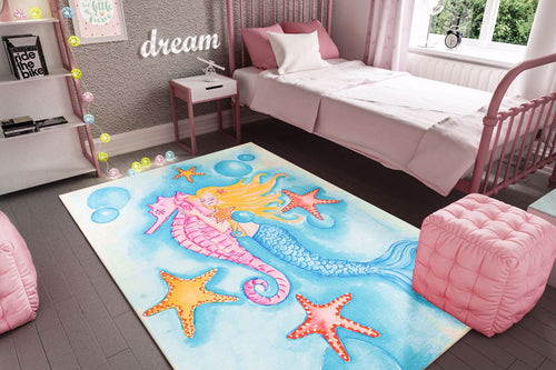 Kids Digital Print Rug – Washable Non Slip Blue Polyester Yarn Soft Microfiber Carpet