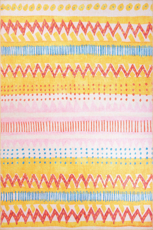 Digital Print Area Rug - Yellow Geometric Cotton Washable Non Slip Carpet