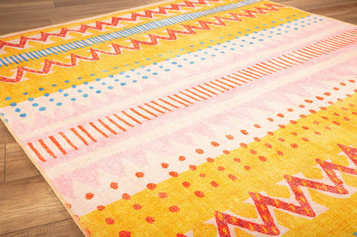 Digital Print Area Rug - Yellow Geometric Cotton Washable Non Slip Carpet