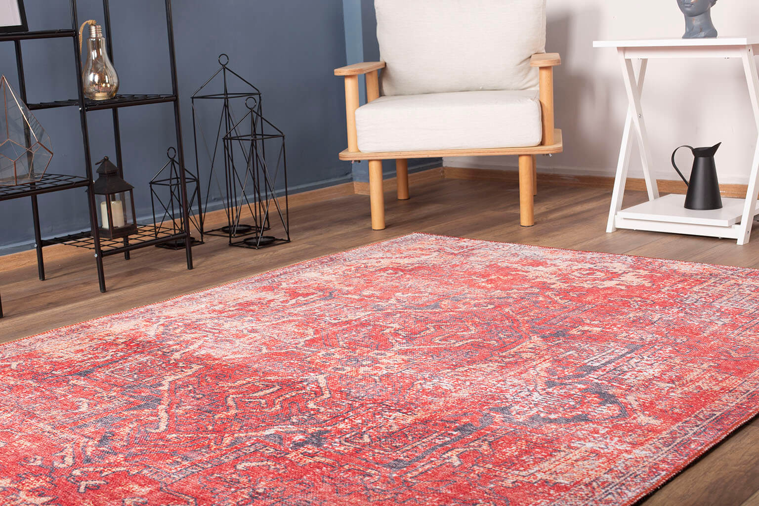 Red Vintage Area Rug - Washable Non Slip Cotton Microfiber Floor Rug for Living Room