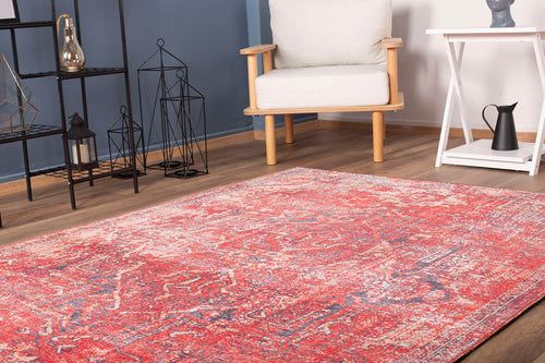 Red Vintage Area Rug - Washable Non Slip Cotton Microfiber Floor Rug for Living Room