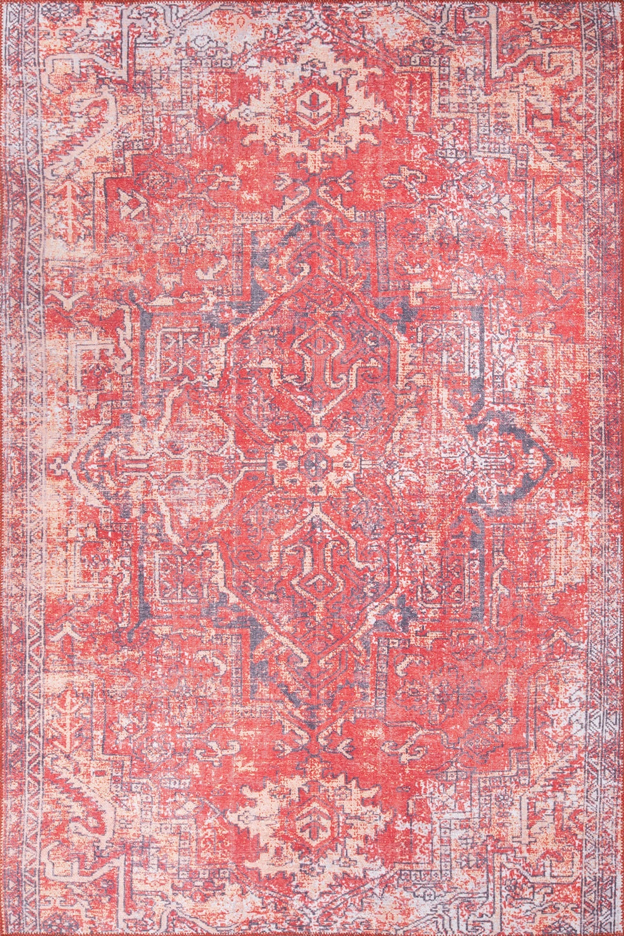 Red Vintage Area Rug - Washable Non Slip Cotton Microfiber Floor Rug for Living Room