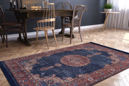 Navy Medallion Area Rug - Washable Non Slip Cotton Area Rug for Living Room