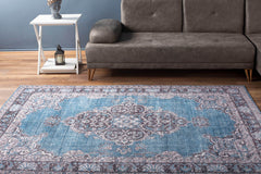 Digital Print Area Rug - Blue Medallion Cotton Washable Non Slip Carpet