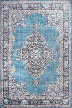 Digital Print Area Rug - Blue Medallion Cotton Washable Non Slip Carpet