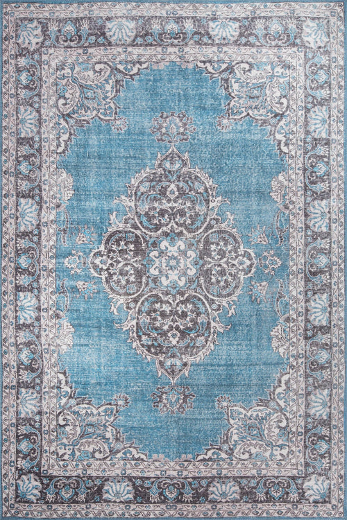 Digital Print Area Rug - Blue Medallion Cotton Washable Non Slip Carpet