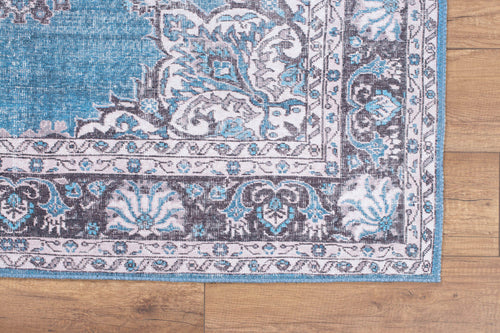 Digital Print Area Rug - Blue Medallion Cotton Washable Non Slip Carpet