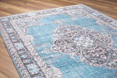 Digital Print Area Rug - Blue Medallion Cotton Washable Non Slip Carpet