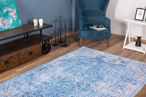 Blue Vintage Area Rug – Washable Non Slip Cotton Microfiber Floor Rug for Living Room