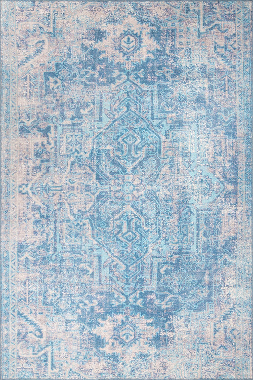 Blue Vintage Area Rug – Washable Non Slip Cotton Microfiber Floor Rug for Living Room