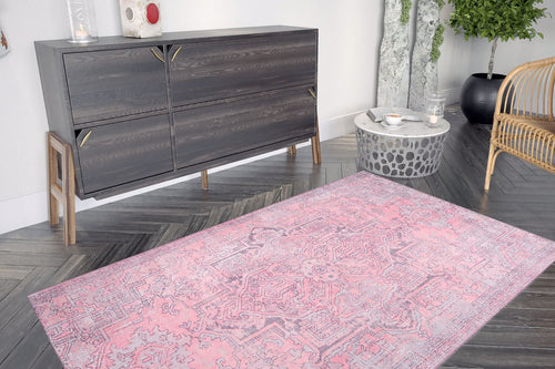 Pink Medallion Area Rug – Soft Microfiber Carpet | Washable Non Slip Cotton Floor Covering