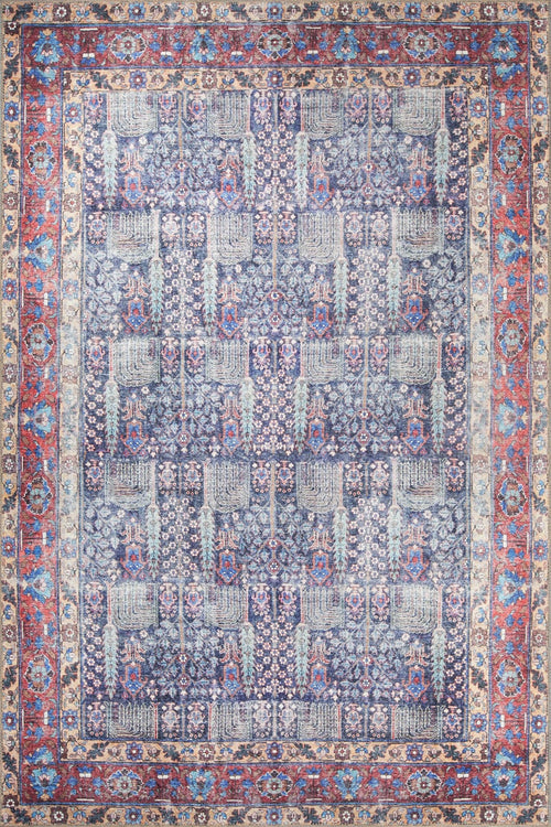 Digital Print Area Rug – Navy Blue Ethnic Cotton Rug with Washable Non Slip Feature