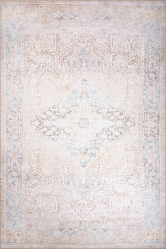 Digital Print Area Rug - Beige Medallion Cotton Carpet with Washable Non Slip Backing