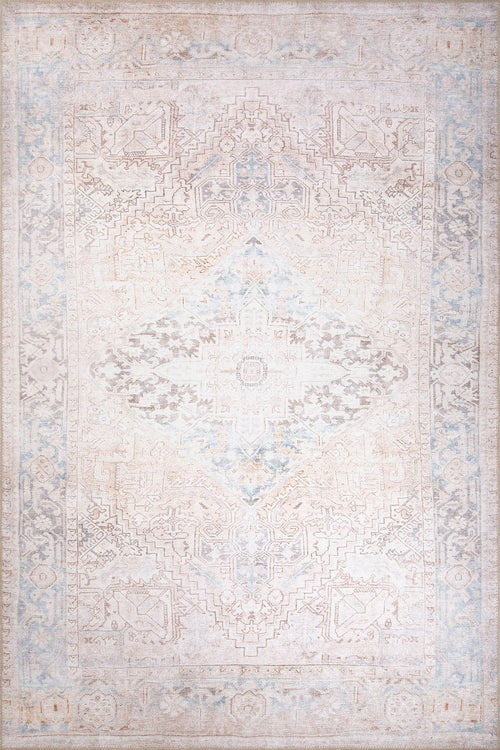 Digital Print Area Rug - Beige Medallion Cotton Carpet with Washable Non Slip Backing