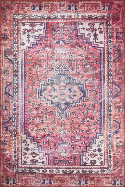 Digital Print Area Rug - Red Medallion Cotton Washable Non Slip Carpet