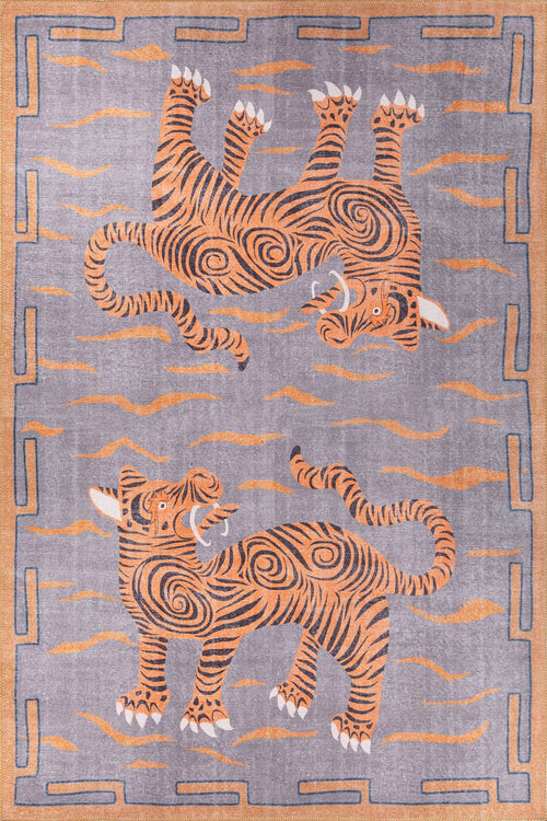 Digital Print Area Rug - Washable Non Slip Cotton Animal Print Orange Decorative Rug