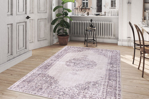 Beige Medallion Area Rug – Washable Non Slip Cotton Carpet for Living Room