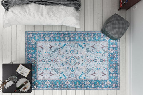 Vintage Cotton Area Rug – Washable Non Slip Blue Soft Microfiber Carpet