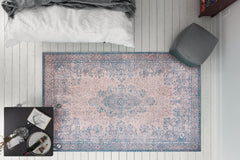 Digital Print Area Rug - Blue Medallion Cotton Soft Polyester Carpet Washable