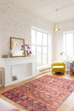 Red Ethnic Area Rug - Washable Non Slip Cotton Rug with Soft Microfiber