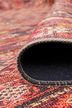 Red Ethnic Area Rug - Washable Non Slip Cotton Rug with Soft Microfiber