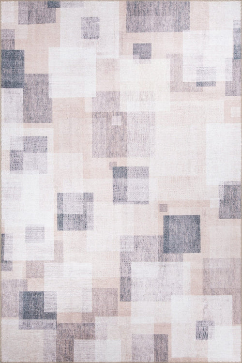 Beige Geometric Area Rug – Washable Non Slip Cotton Microfiber Floor Rug