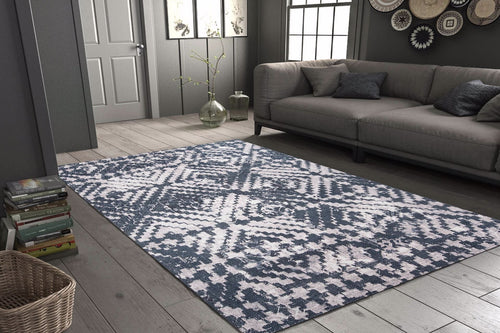 Blue Geometric Area Rug – Washable Non Slip Cotton Area Rug for Living Room