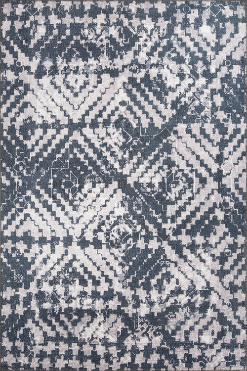 Blue Geometric Area Rug – Washable Non Slip Cotton Area Rug for Living Room