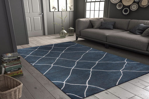Navy Geometric Area Rug - Washable Non Slip Cotton Area Rug for Living Room