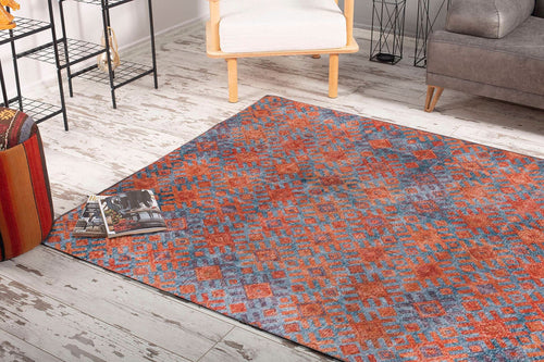 Geometric Area Rug - Orange Cotton Washable Non Slip Rug for Living Room
