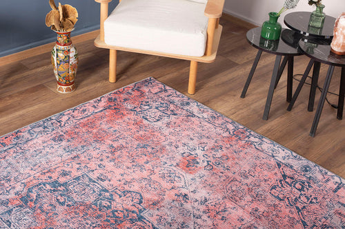 Pink Ethnic Area Rug - Washable Non Slip Cotton Area Rug with Soft Microfiber